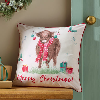 Catherine Lansfield Merry Christmoo Filled Cushion - Natural