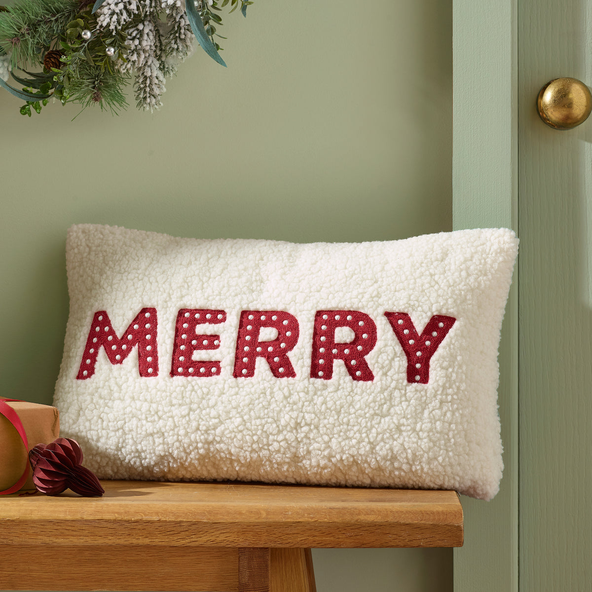 Catherine Lansfield Merry Boucle Filled Cushion - White/Red