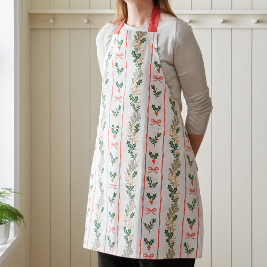 Catherine Lansfield Christmas Holly Stripe Apron - Cream/Red