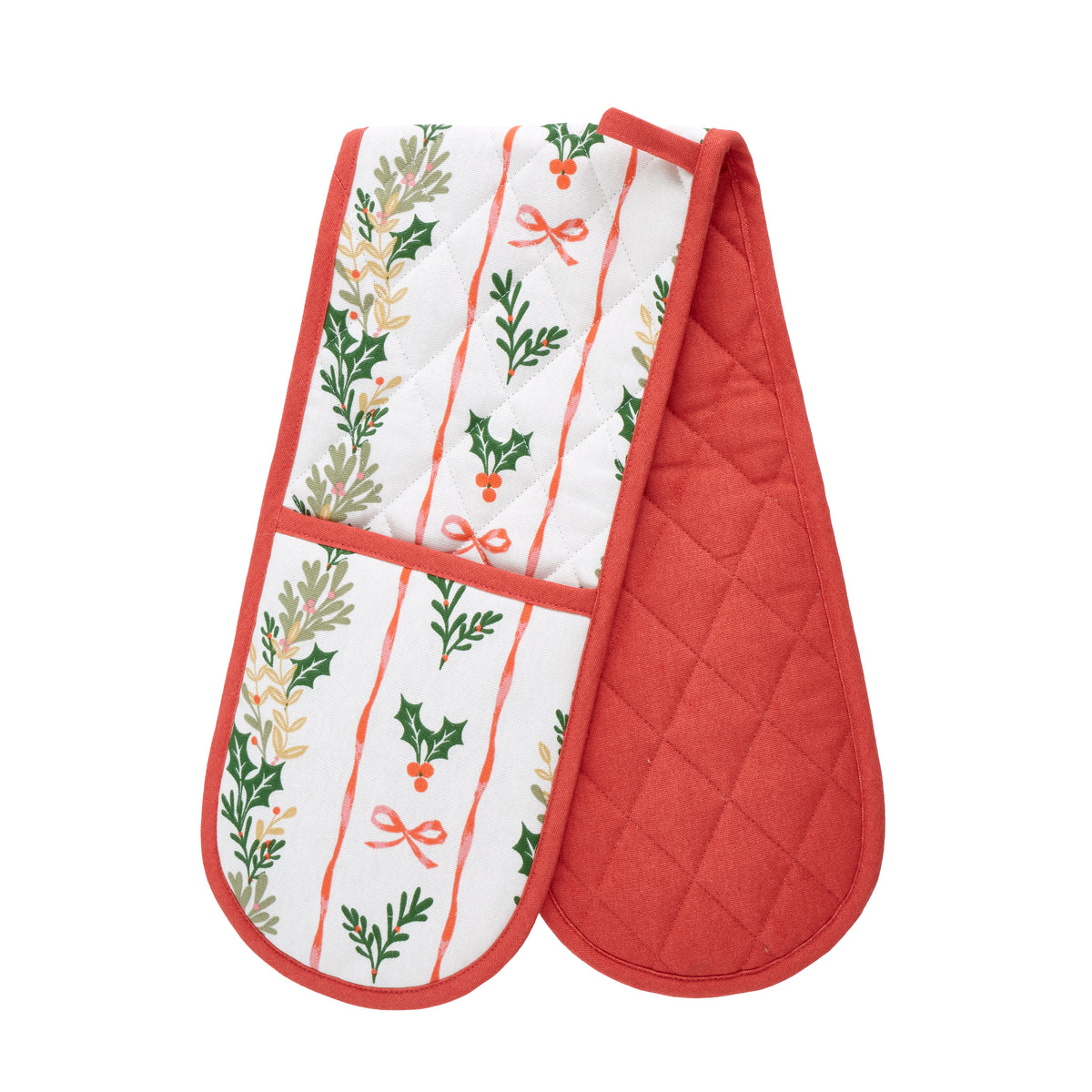 Catherine Lansfield Christmas Holly Stripe Double Oven Glove - Cream/Red