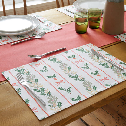 Catherine Lansfield Christmas Holly Stripe Placemats (Pack of 4) - Cream/Red