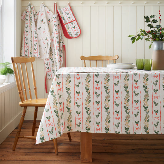 Catherine Lansfield Christmas Holly Stripe Table Cloth - Cream/Red