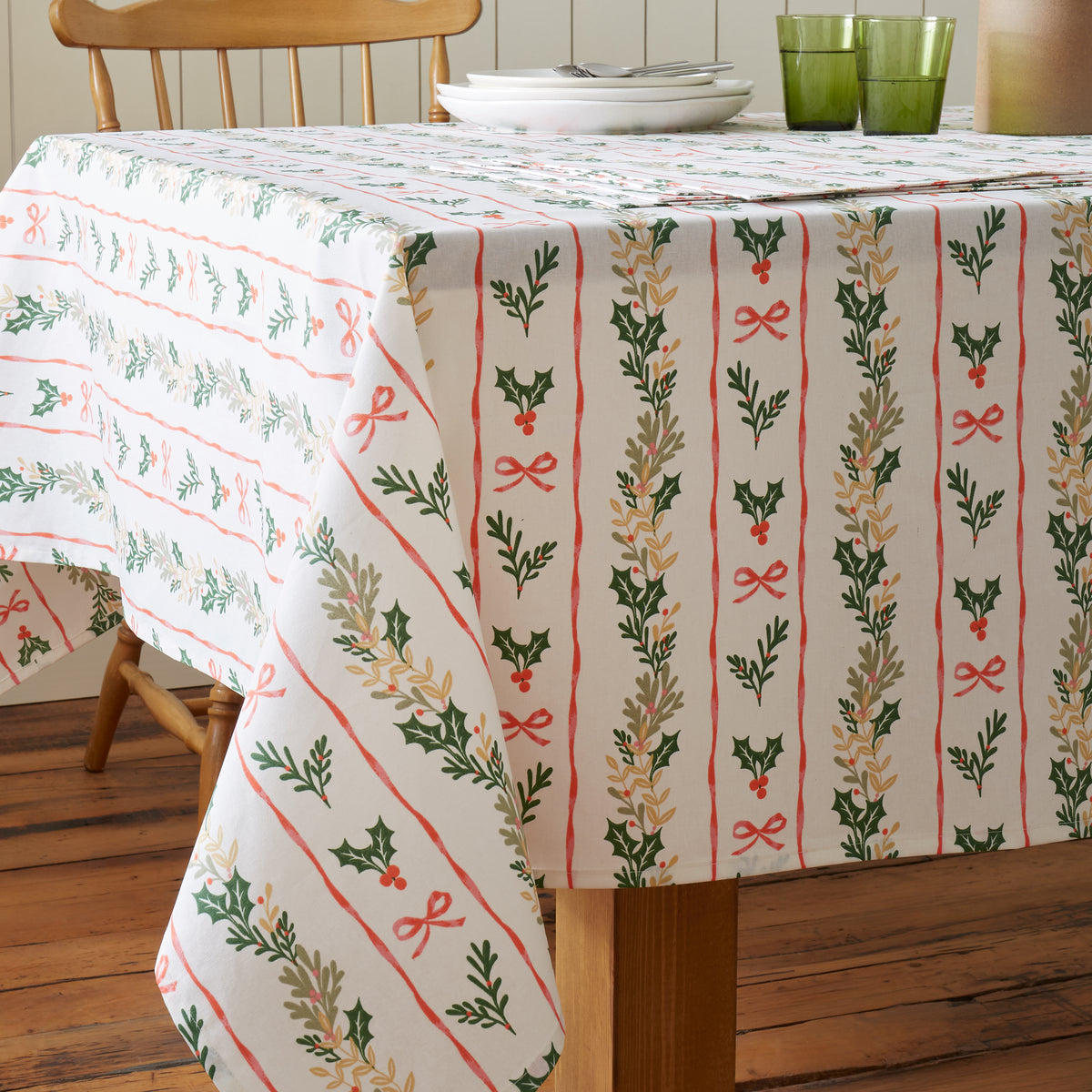 Catherine Lansfield Christmas Holly Stripe Table Cloth - Cream/Red