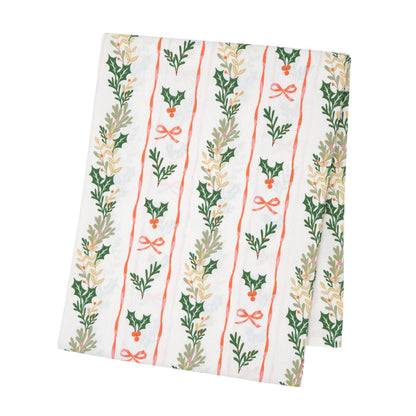 Catherine Lansfield Christmas Holly Stripe Table Cloth - Cream/Red