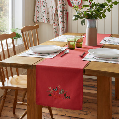 Catherine Lansfield Christmas Holly Stripe Table Runner - Cream/Red