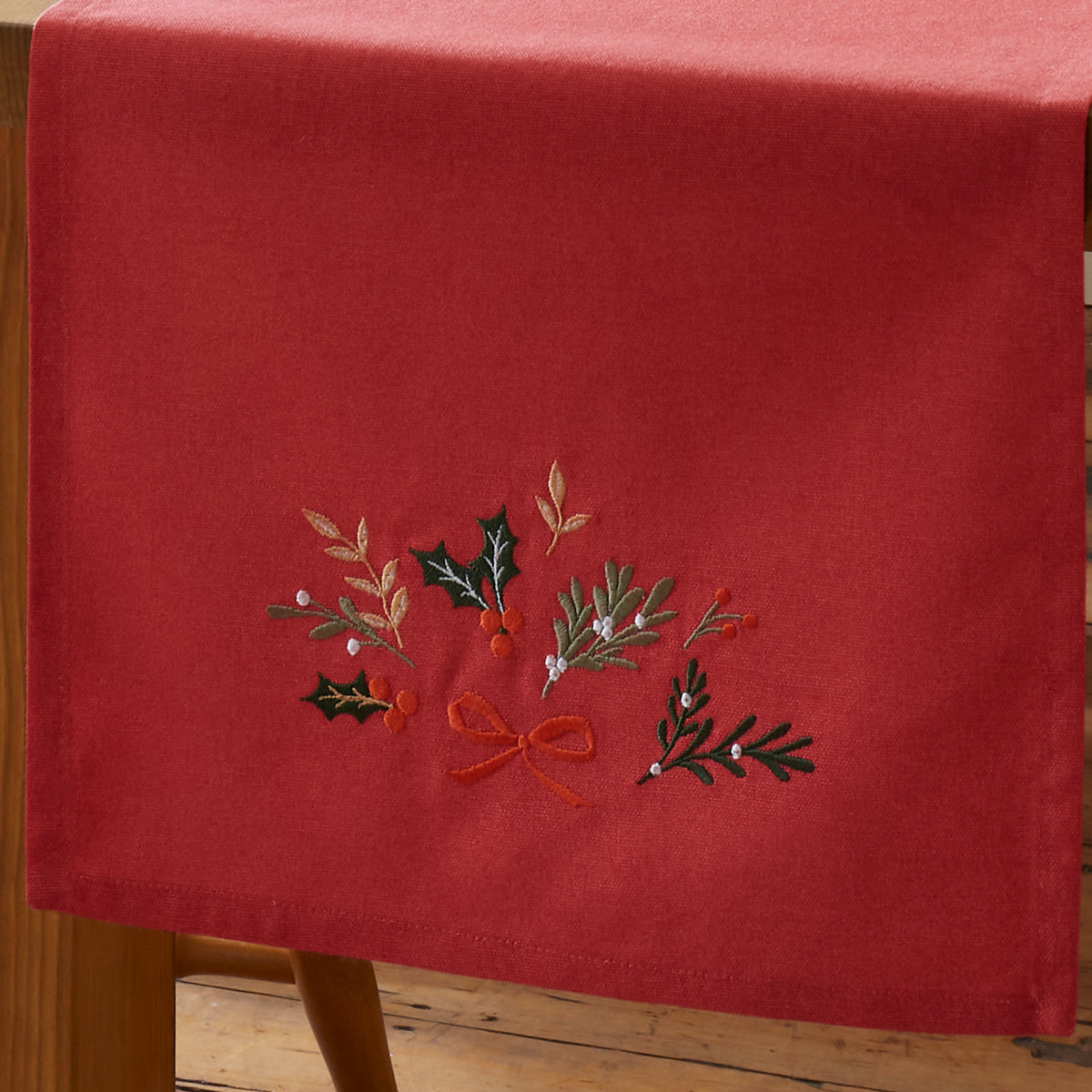 Catherine Lansfield Christmas Holly Stripe Table Runner - Cream/Red