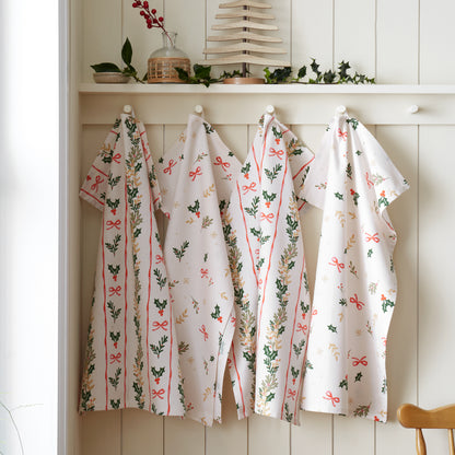 Catherine Lansfield Christmas Holly Stripe Tea Towels (Pack of 4) - Cream/Red