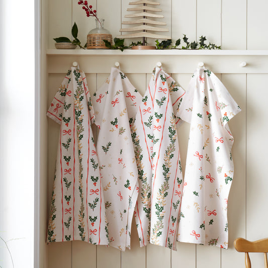 Catherine Lansfield Christmas Holly Stripe Tea Towels (Pack of 4) - Cream/Red