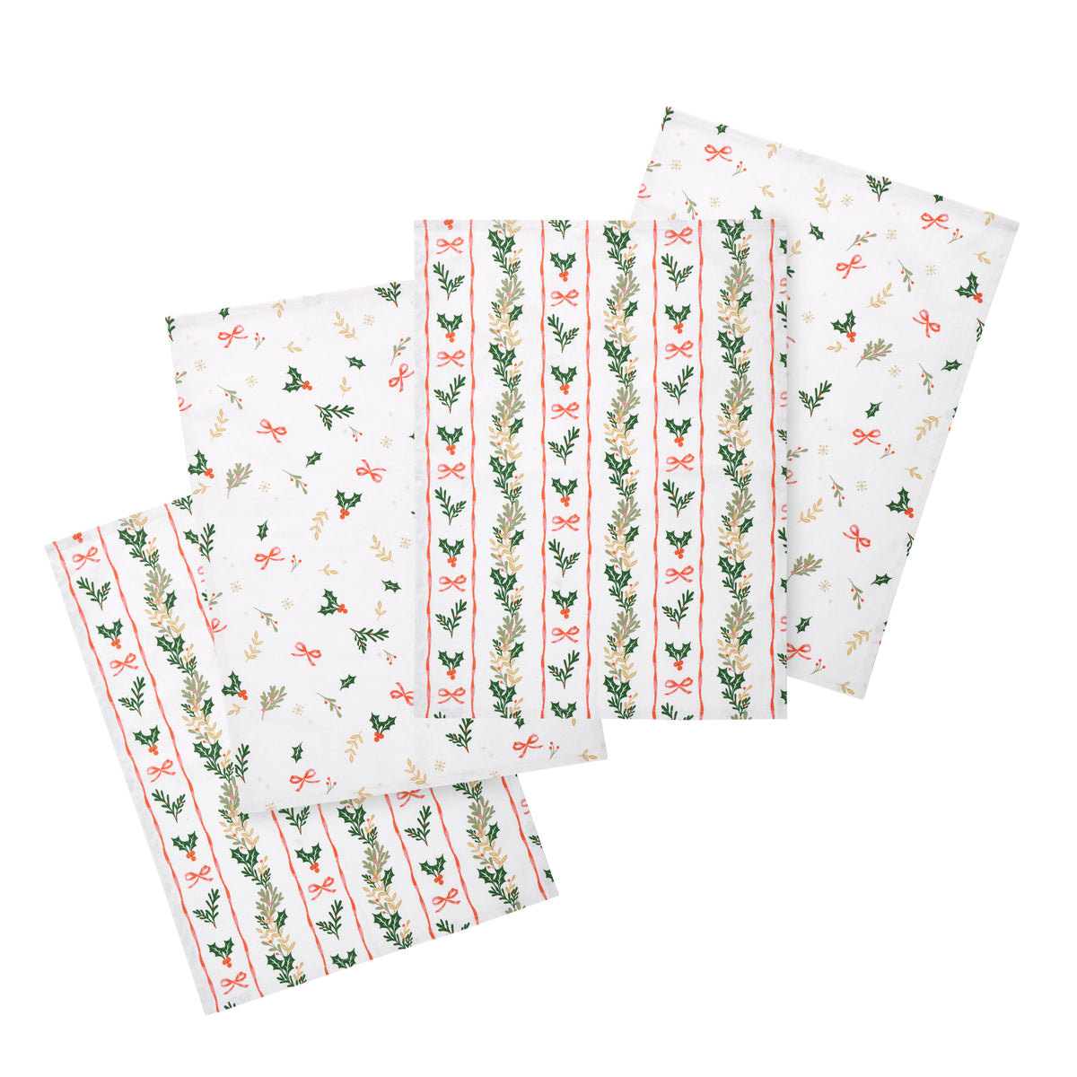Catherine Lansfield Christmas Holly Stripe Tea Towels (Pack of 4) - Cream/Red