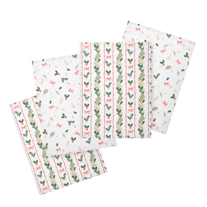 Catherine Lansfield Christmas Holly Stripe Tea Towels (Pack of 4) - Cream/Red