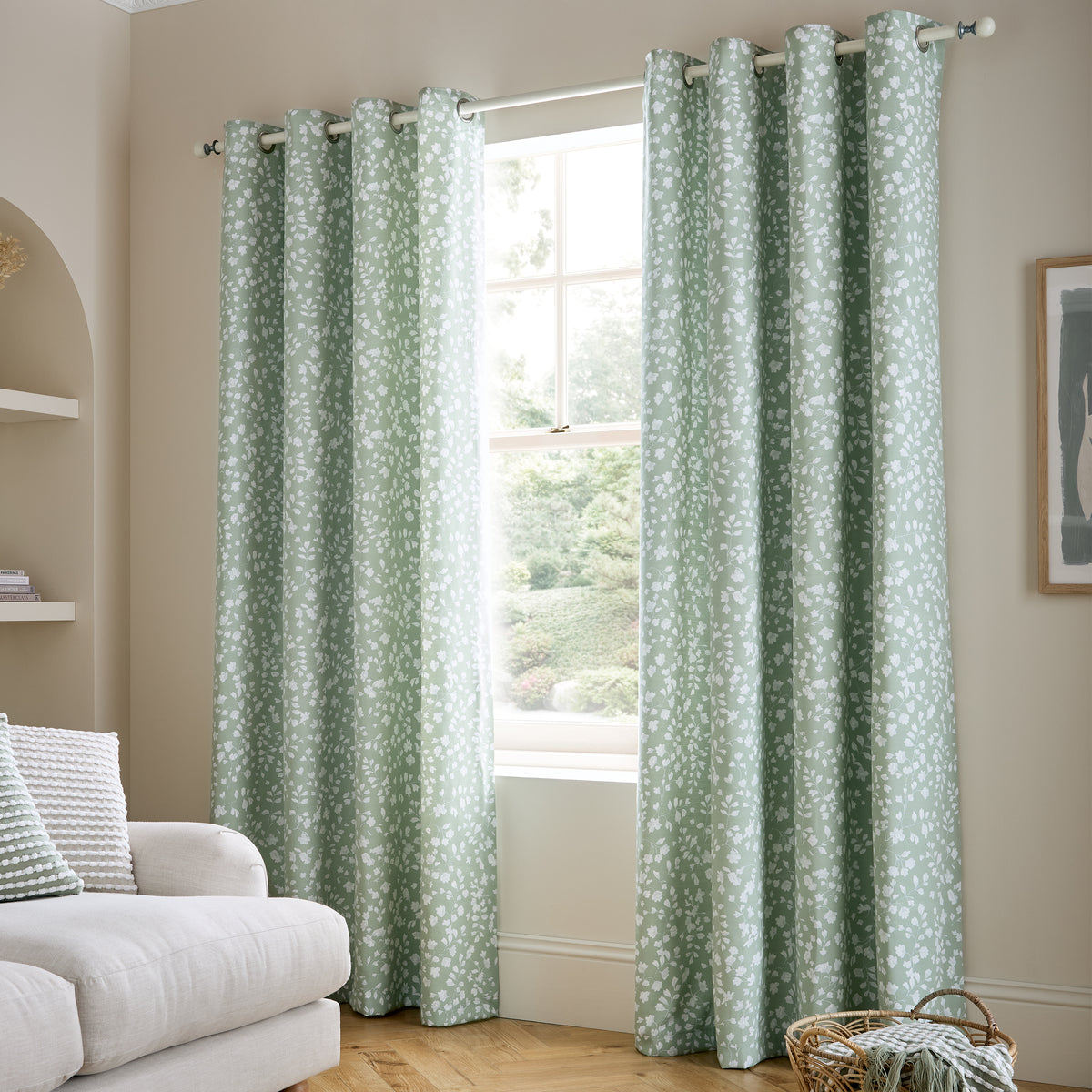 Catherine Lansfield Arla Floral Eyelet Curtains - Green