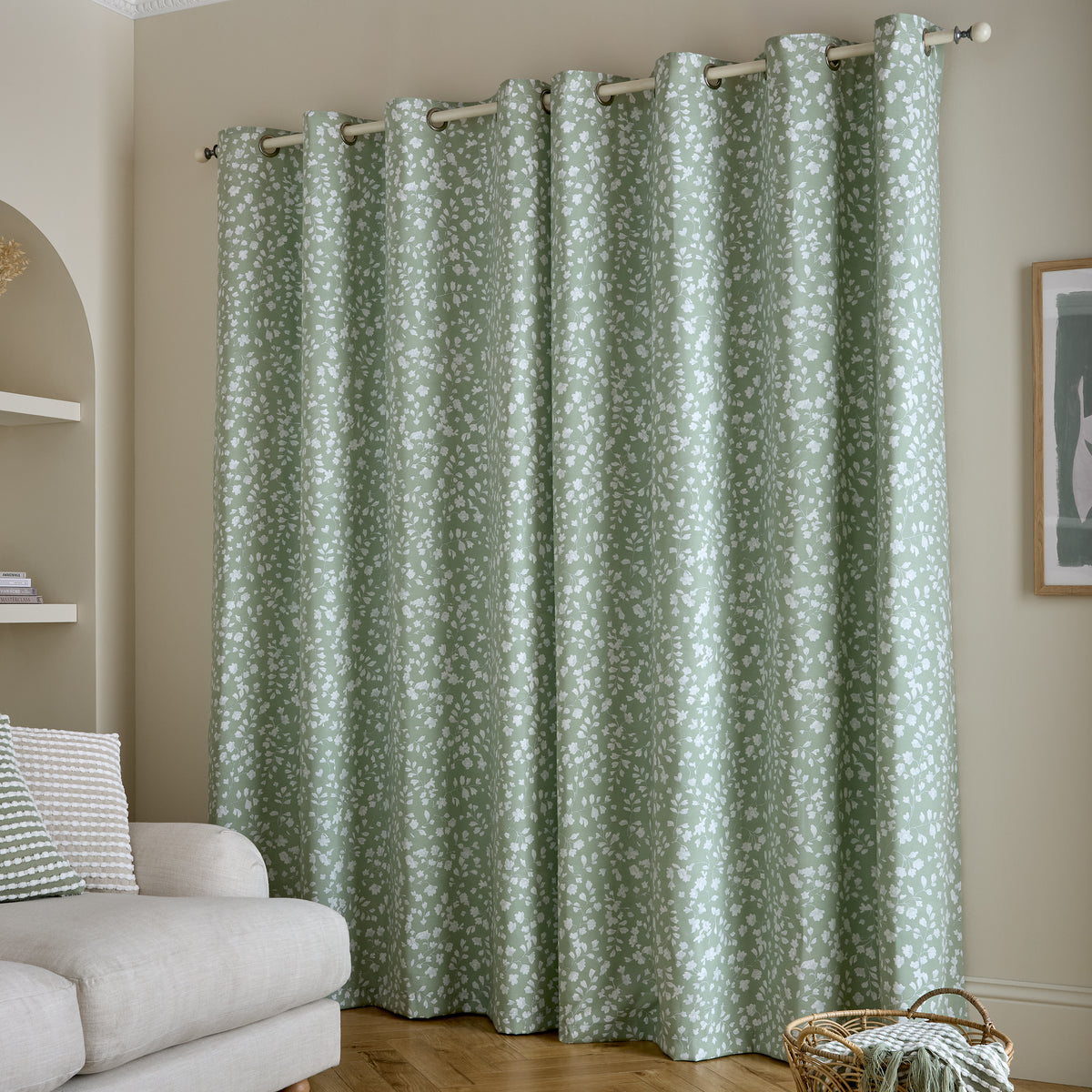 Catherine Lansfield Arla Floral Eyelet Curtains - Green