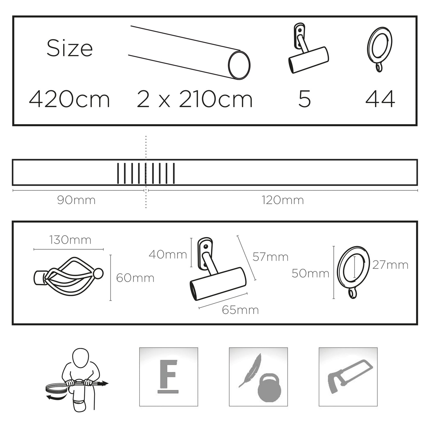 Speedy County Crown 19mm 3-Sided Bay Window Curtain Pole 420cm - Silver