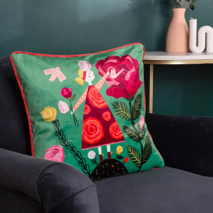 Kate Merritt Flower Girl  Cushion - Emerald/Pink
