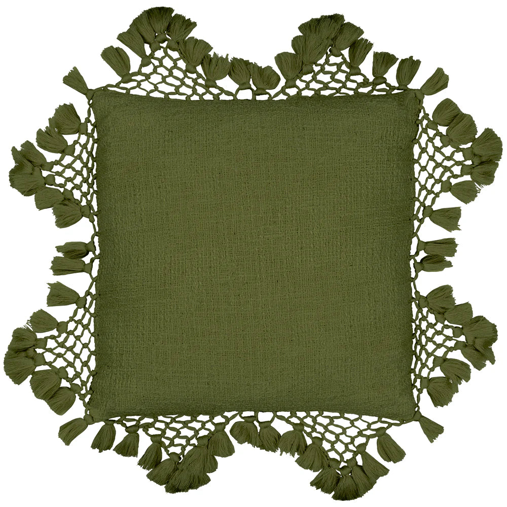 Yard Anko Macrame Tassel Trim Cushion - Khaki