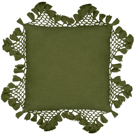 Yard Anko Macrame Tassel Trim Cushion - Khaki