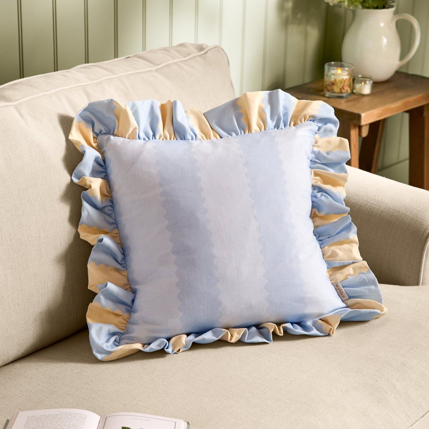 Furn Birdie Stripe Ruffle Cushion - Lemon/Sky