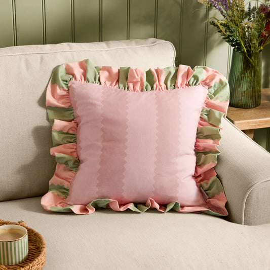 Furn Birdie Stripe Ruffle Cushion - Pink/Green