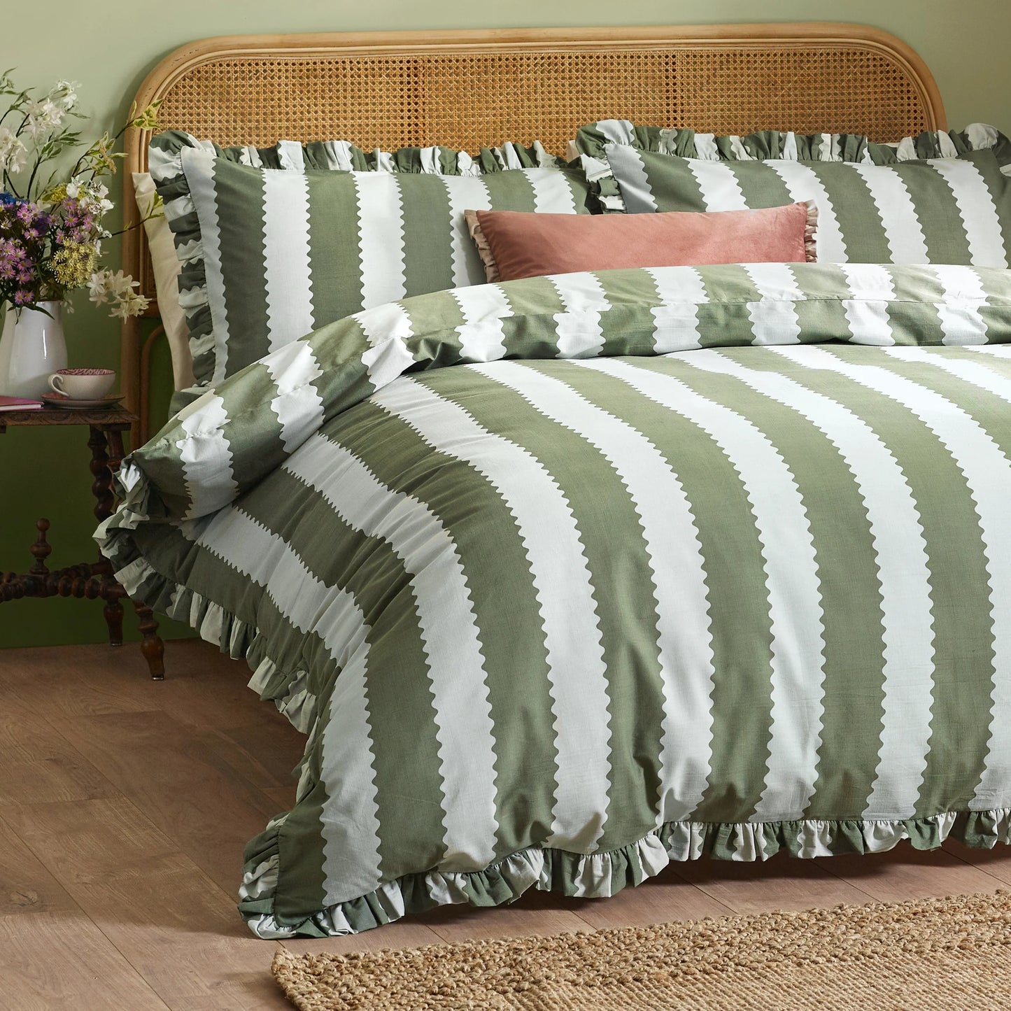 Wylder Birdie Stripe Duvet Cover Set - Bay Green/Mist