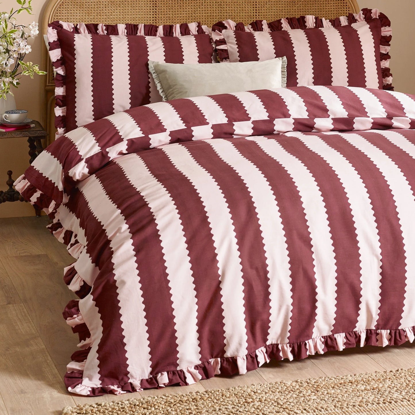 Wylder Birdie Stripe Duvet Cover Set - Burgundy/Blossom