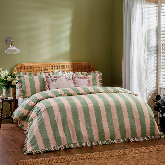 Wylder Birdie Stripe Duvet Cover Set - Pink/Green