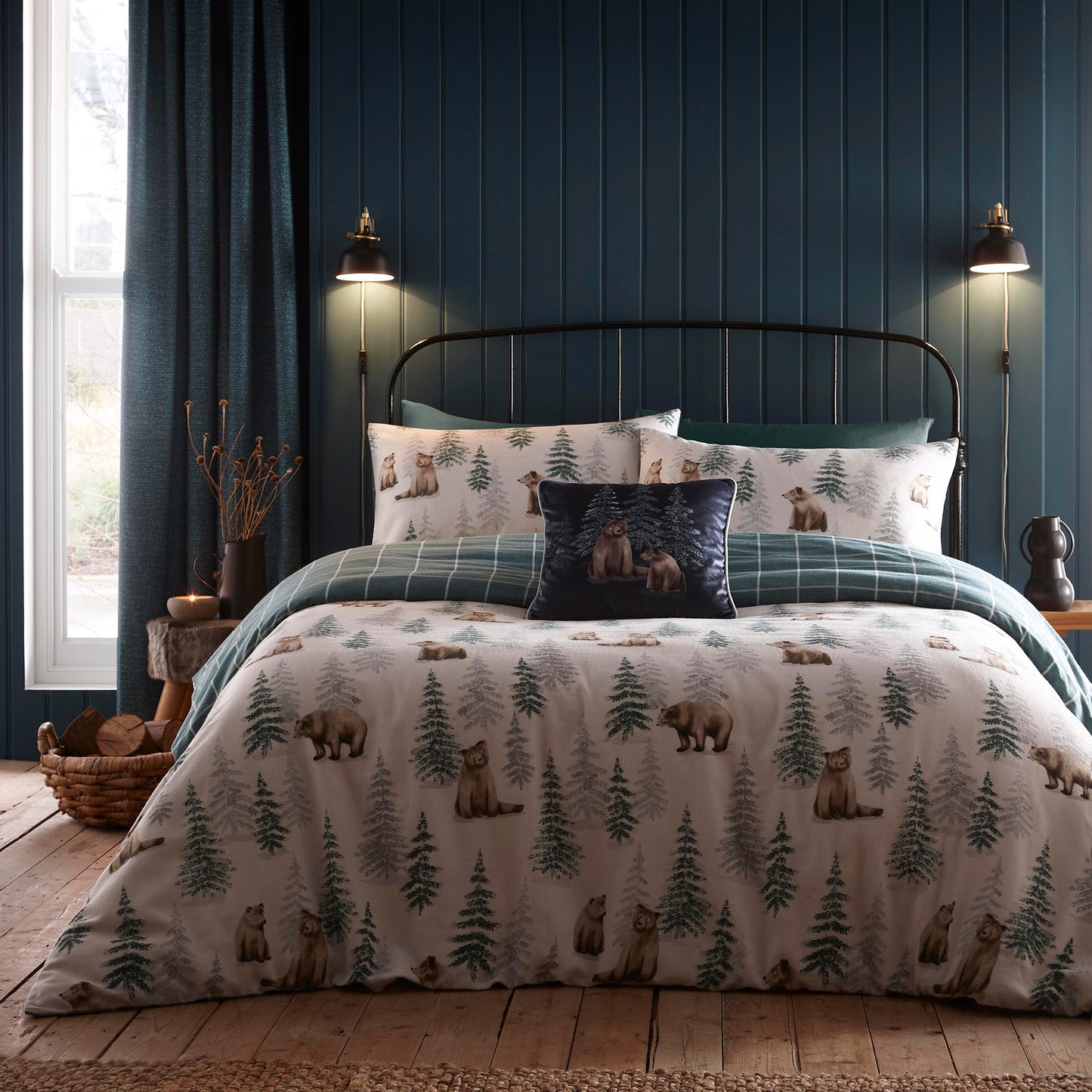 Bear Walks Cushion by Dreams & Drapes Lodge in Teal 43 x 43cm - Cushion - Dreams & Drapes Lodge