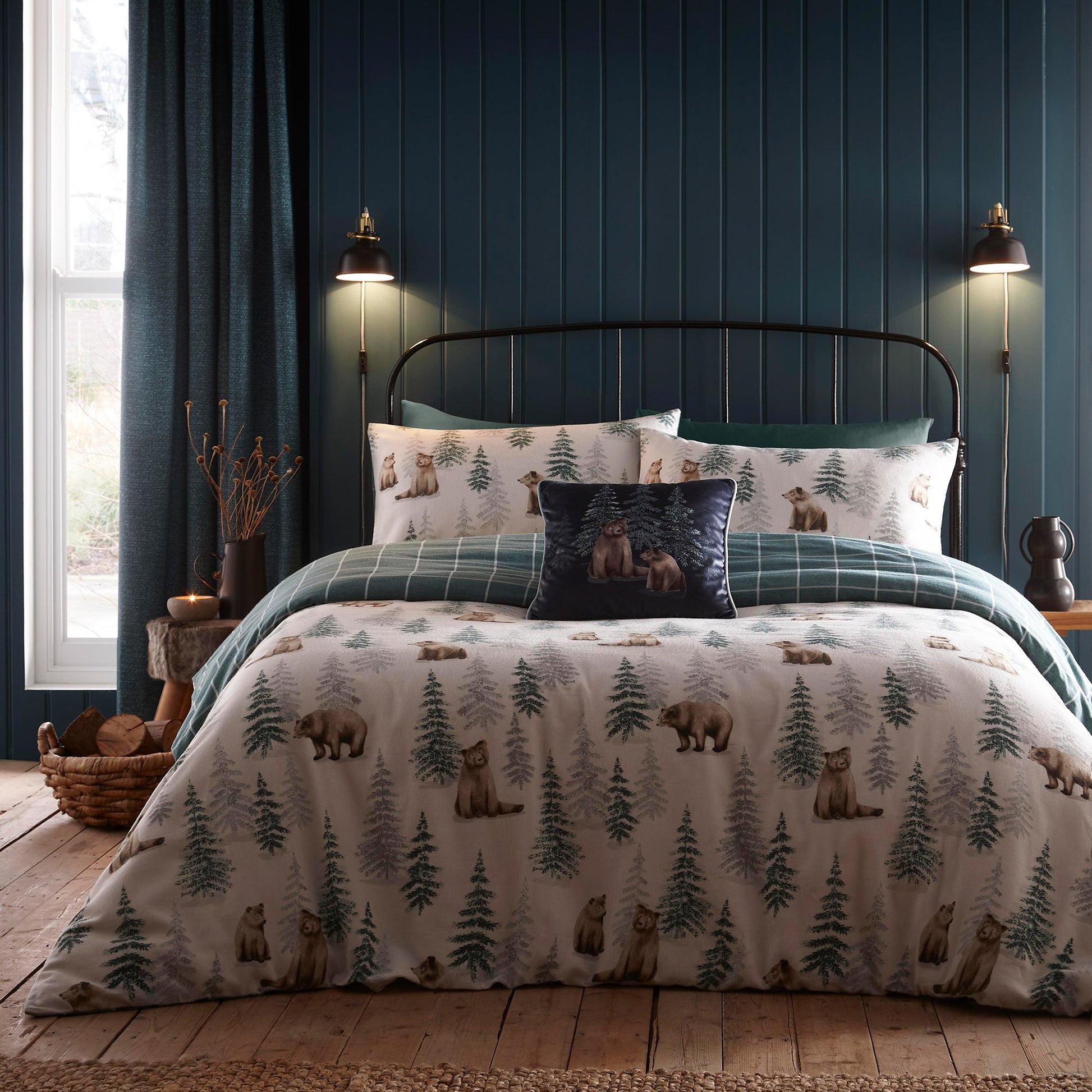 Bear Walks Cushion by Dreams & Drapes Lodge in Teal 43 x 43cm - Cushion - Dreams & Drapes Lodge