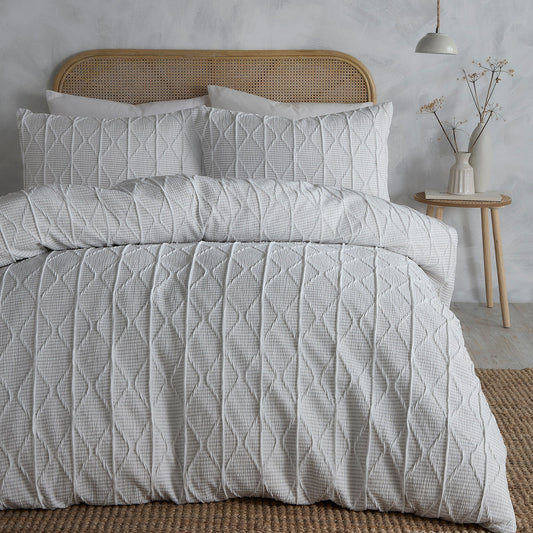 Crinkle Stripe Duvet Cover Set in White - Duvet Cover Set - Serene