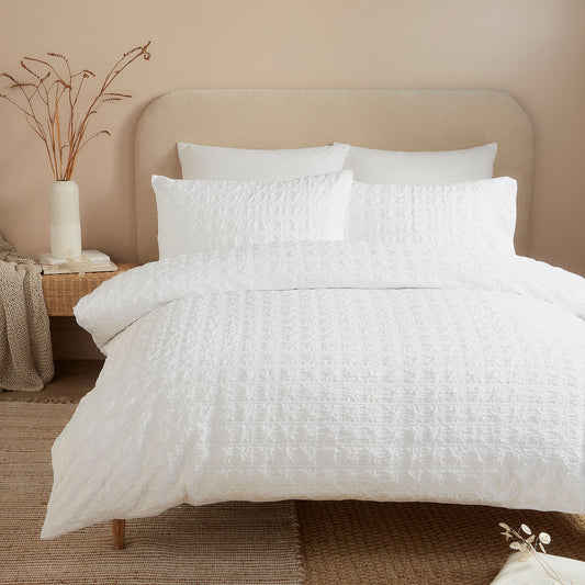 Serene Embossed Grid Duvet Cover Set - White