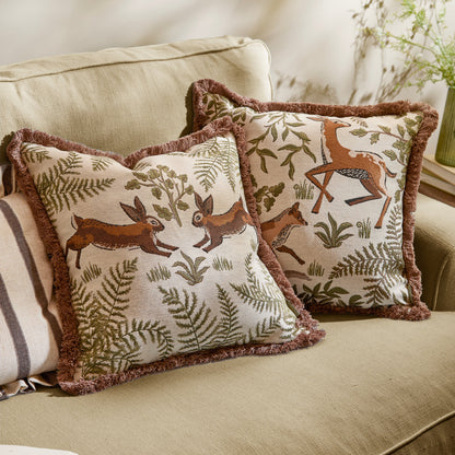 Wylder Fable Fox and Deer Embroidered Cushion - Willow Green