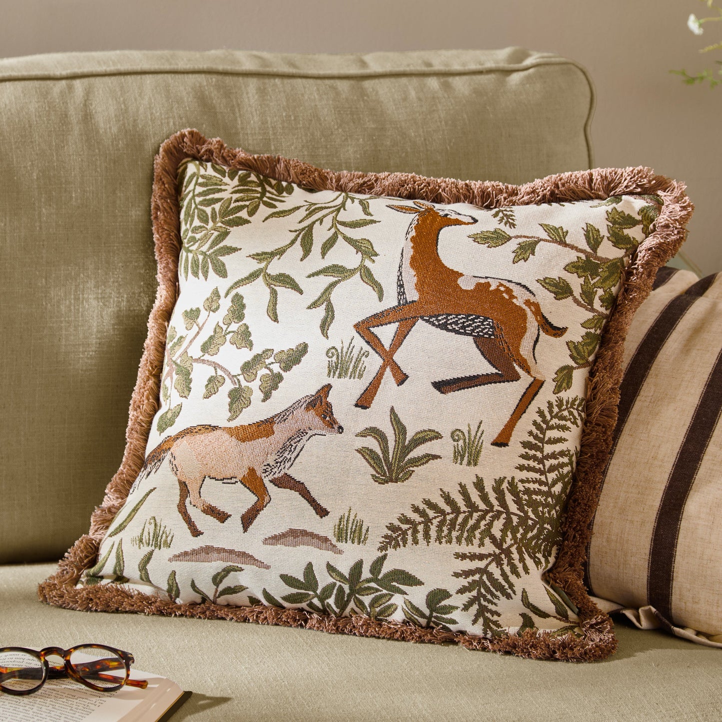 Wylder Fable Fox and Deer Embroidered Cushion - Willow Green