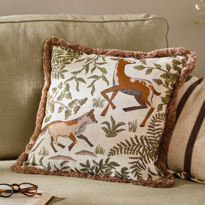 Wylder Fable Fox and Deer Embroidered Cushion - Willow Green