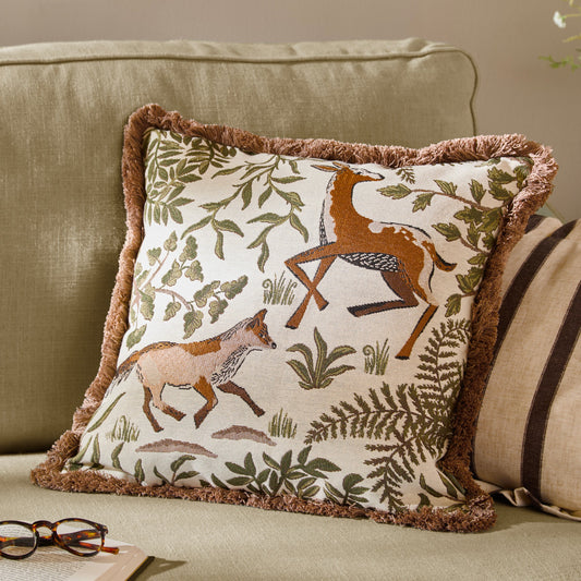 Wylder Fable Fox and Deer Embroidered Cushion - Willow Green