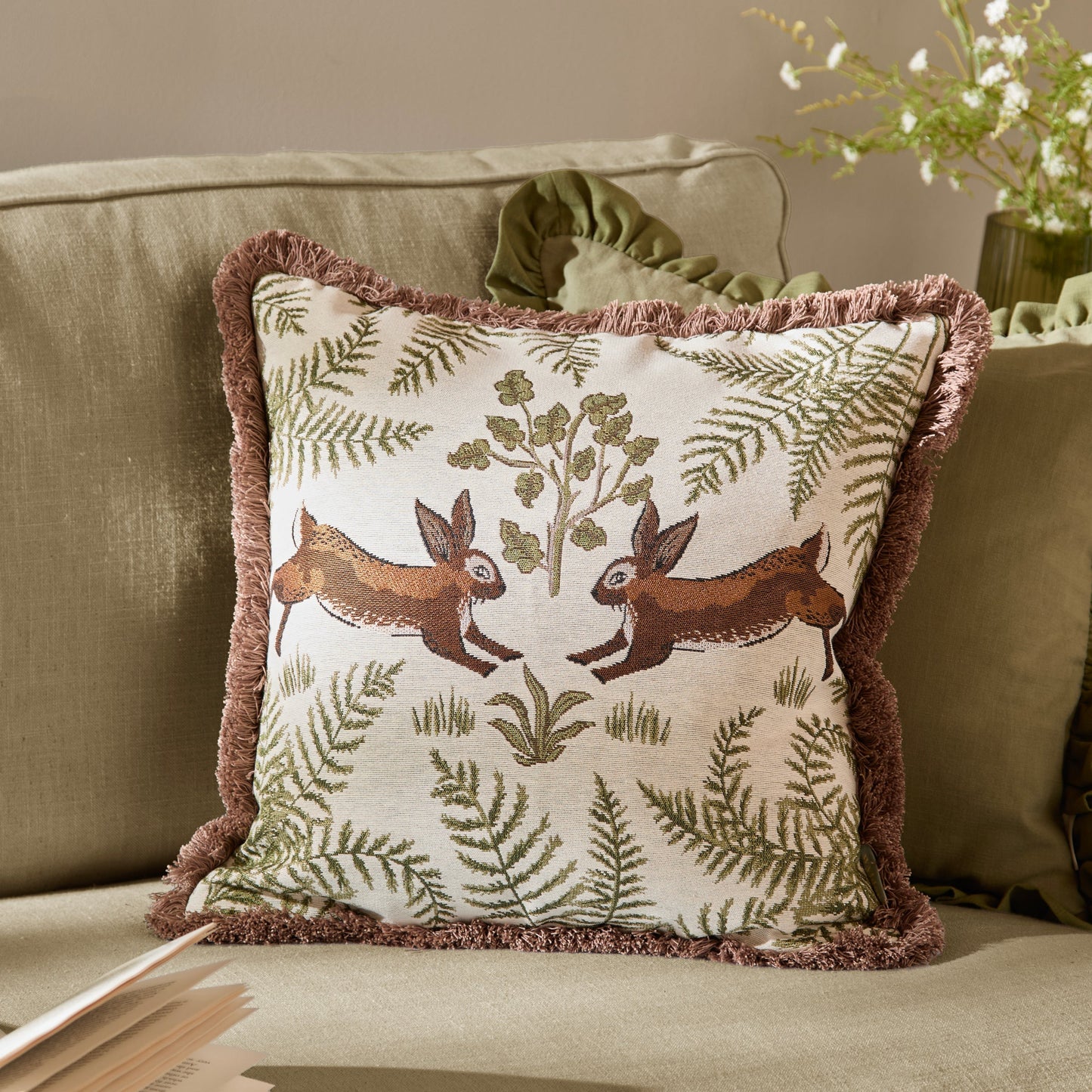 Wylder Fable Rabbits Embroidered Cushion - Willow Green