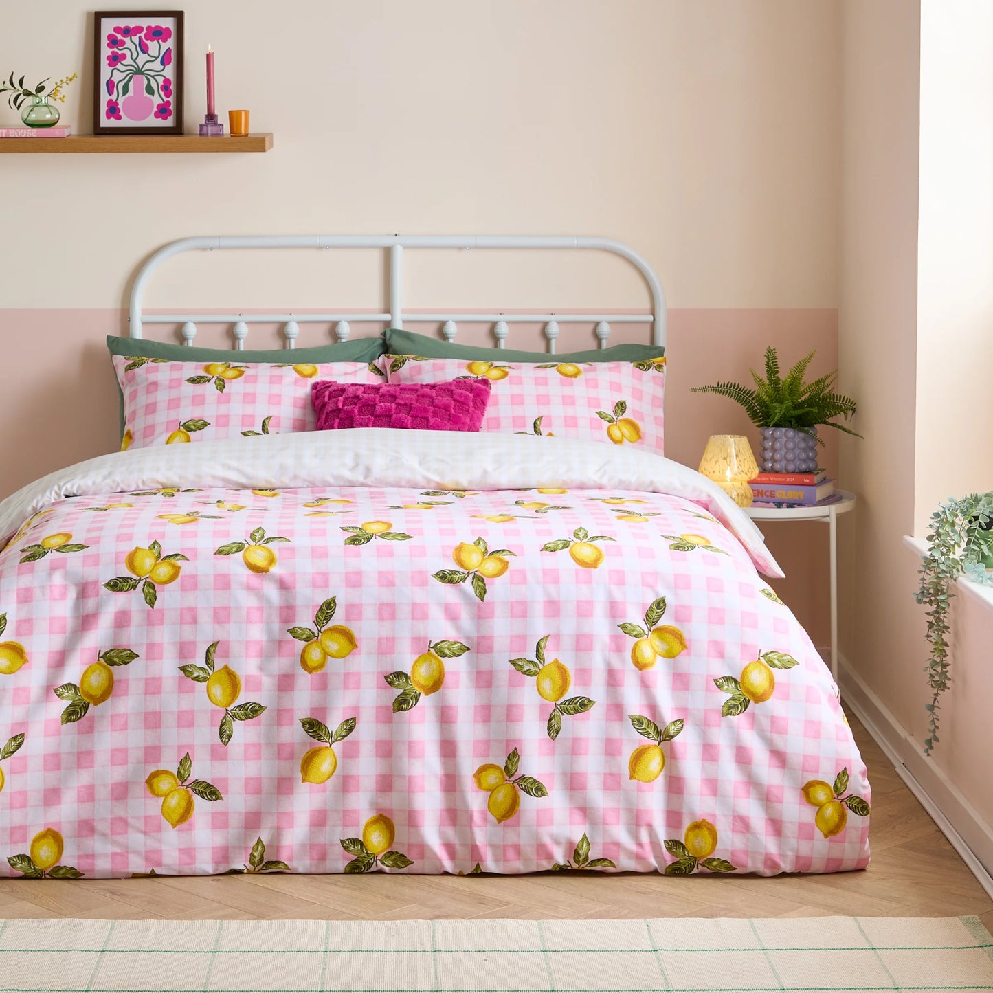 Heya Home Gingham Lemons Duvet Cover Set - Pink