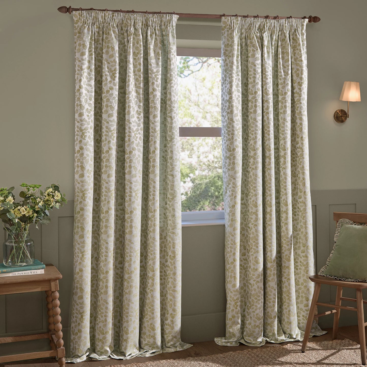 Wylder Grace Leaf Pencil Pleat Curtains - Sage