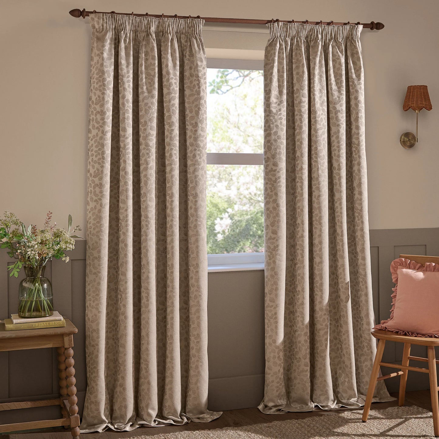 Wylder Grace Leaf Pencil Pleat Curtains - Taupe