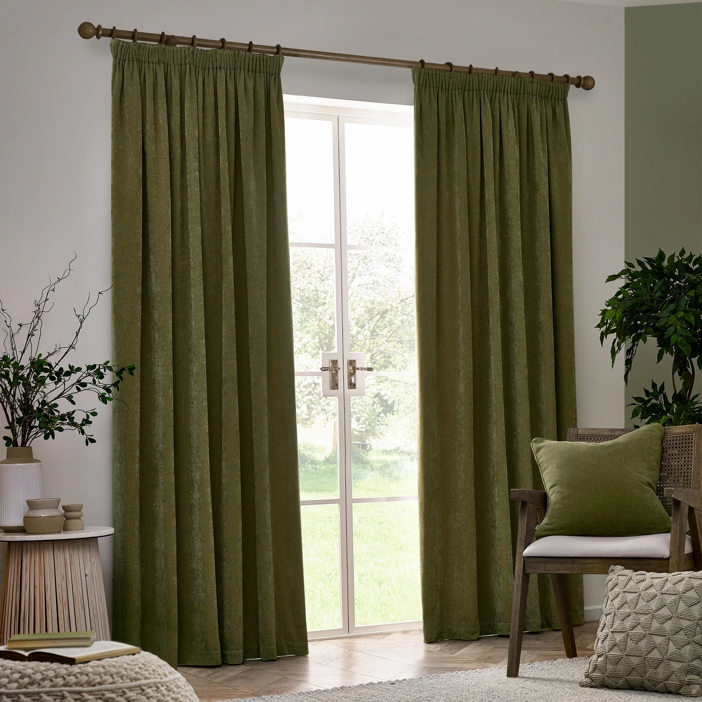 Yard Heavy Chenille Blackout Pencil Pleat Curtains - Olive