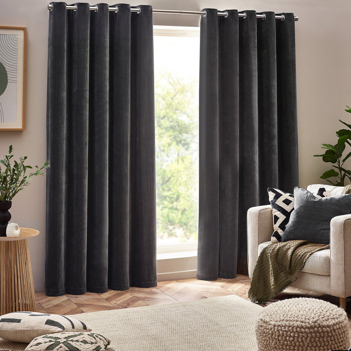 Yard Heavy Chenille Blackout Eyelet Curtains - Charcoal