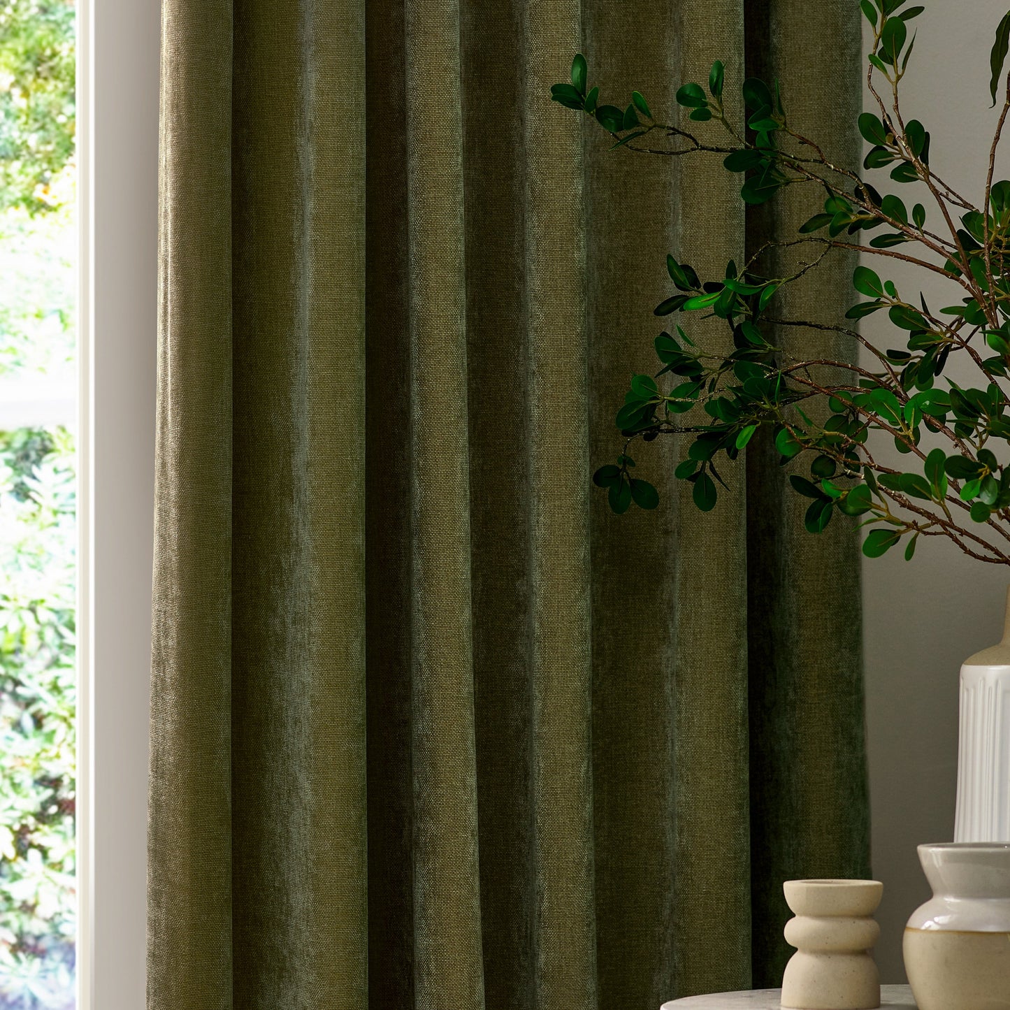 Yard Heavy Chenille Pencil Pleat Curtains - Olive
