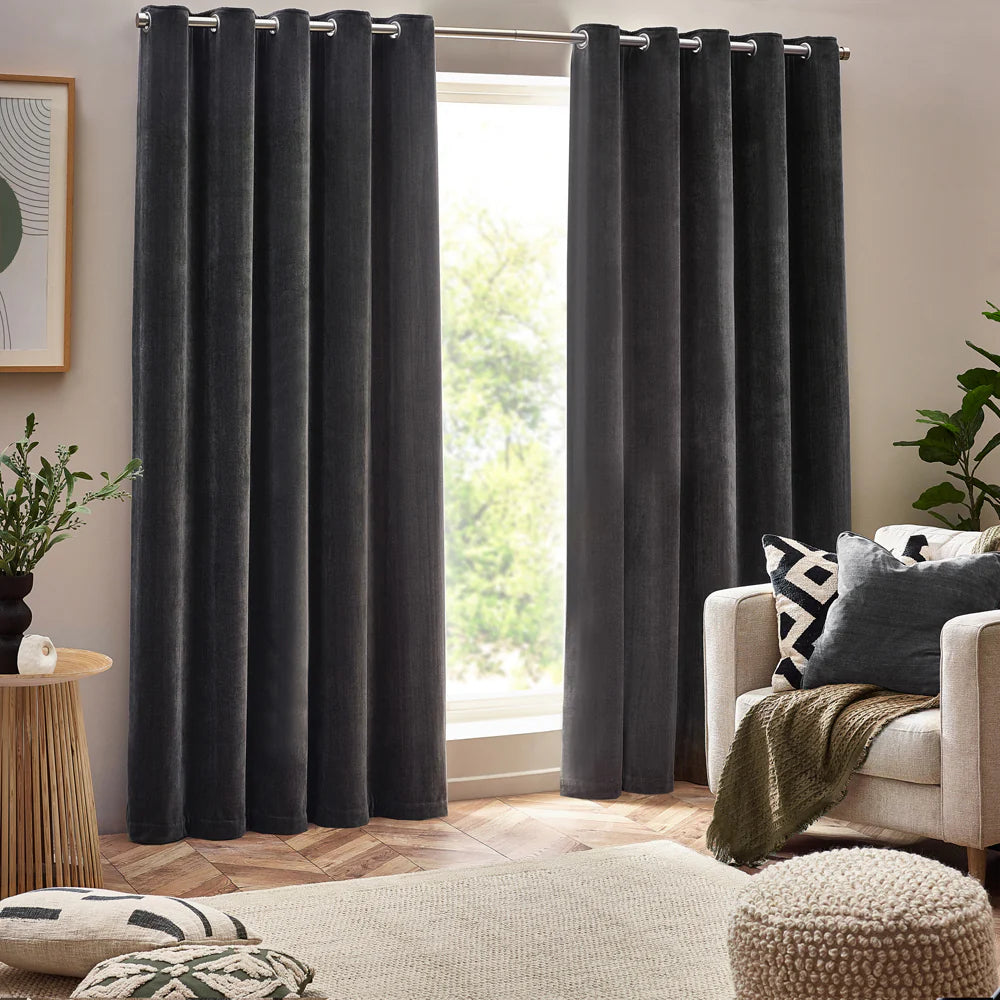 Yard Heavy Chenille Eyelet Curtains - Charcoal