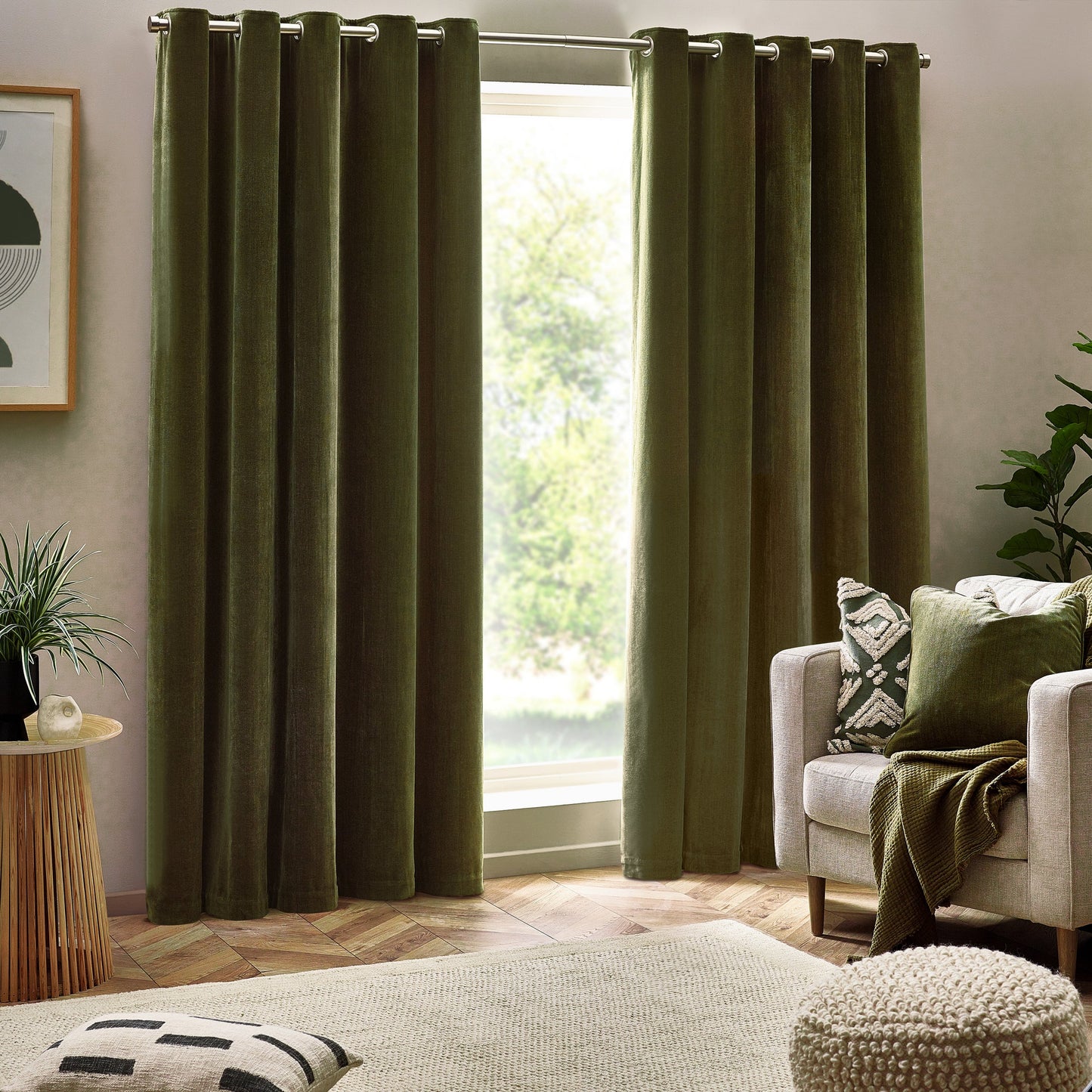 Yard Heavy Chenille Eyelet Curtains - Olive