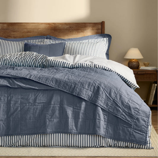 Yard Hebden Washed Cotton Bedspread - Denim Blue