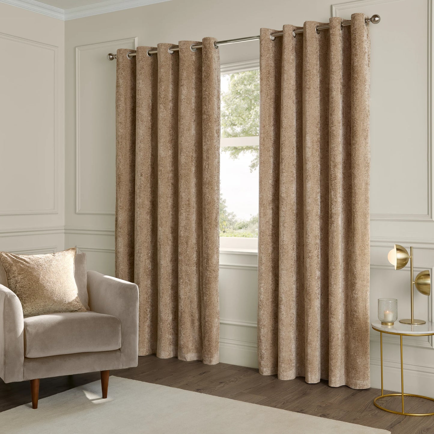Paoletti Lustre Velvet Eyelet Curtains - Champagne