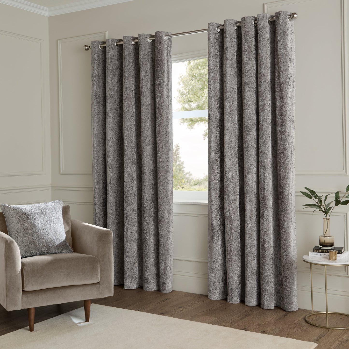 Paoletti Lustre Velvet Eyelet Curtains - Pewter