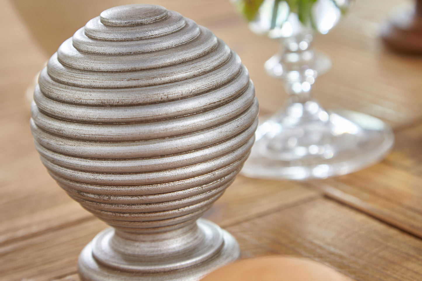 Hallis Modern Country Ribbed Ball 55mm Wooden Curtain Pole Finial - Satin Silver