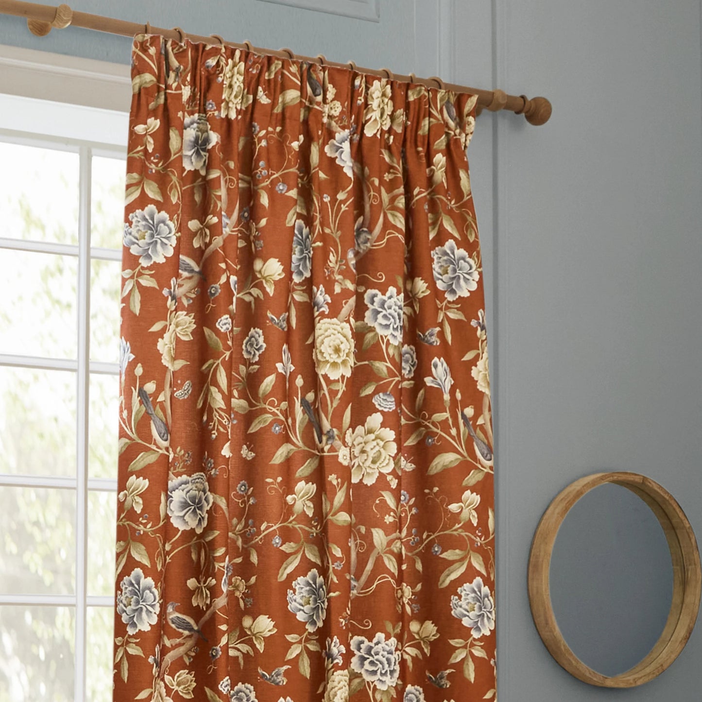 Sanderson Porcelain Garden Pencil Pleat Curtains - Rust