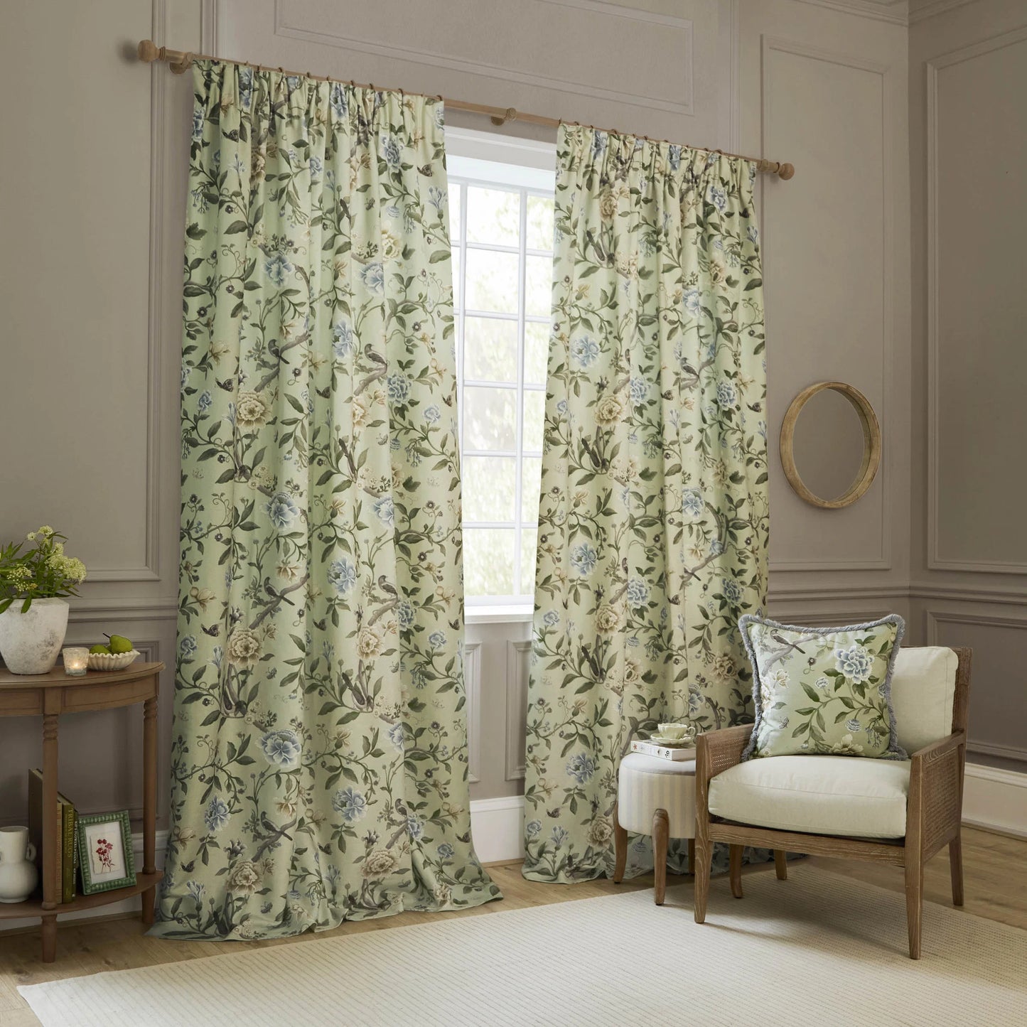 Sanderson Porcelain Garden Pencil Pleat Curtains - Sage