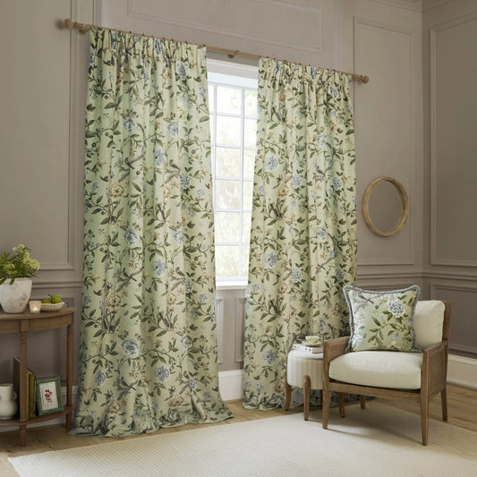 Sanderson Porcelain Garden Pencil Pleat Curtains - Sage