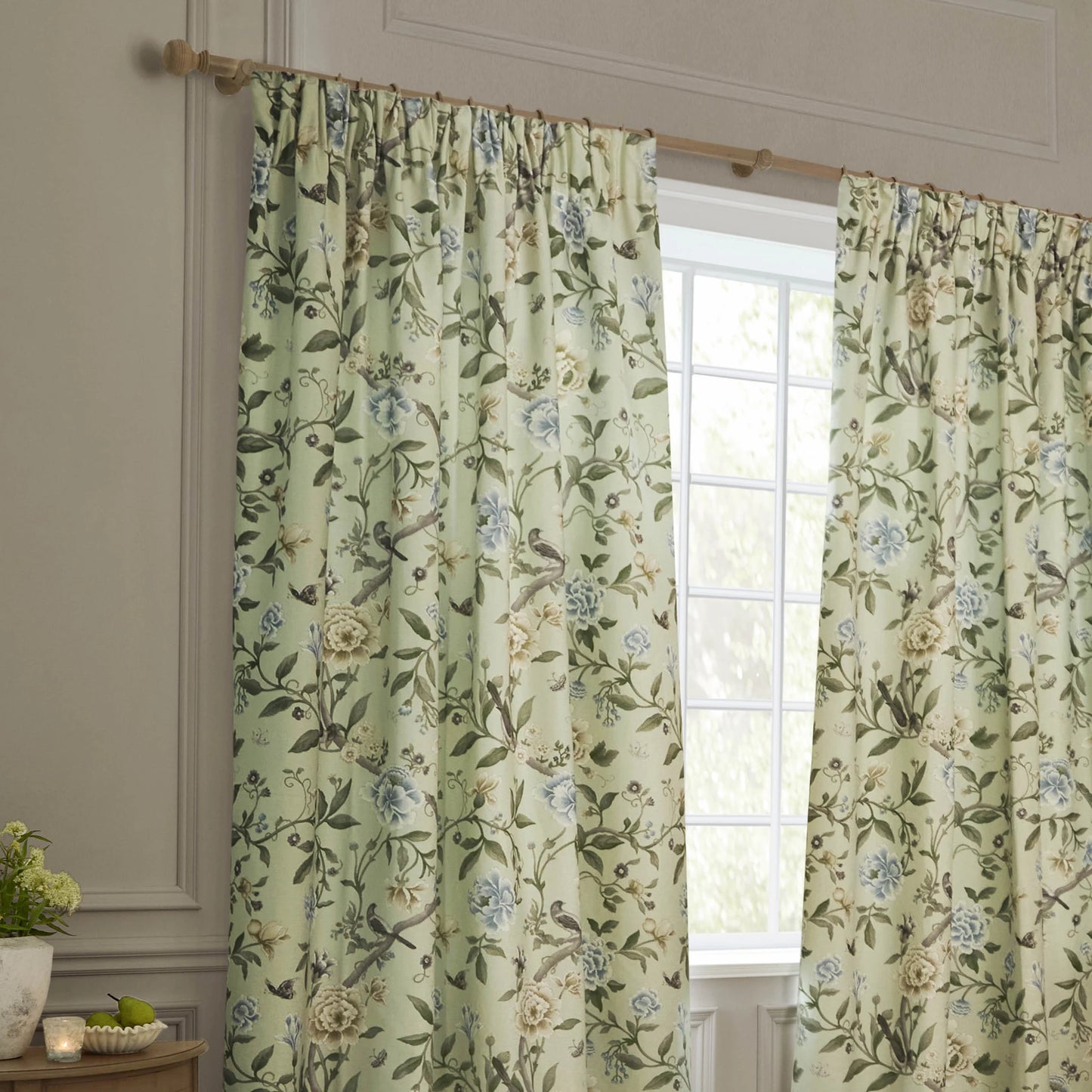 Sanderson Porcelain Garden Pencil Pleat Curtains - Sage